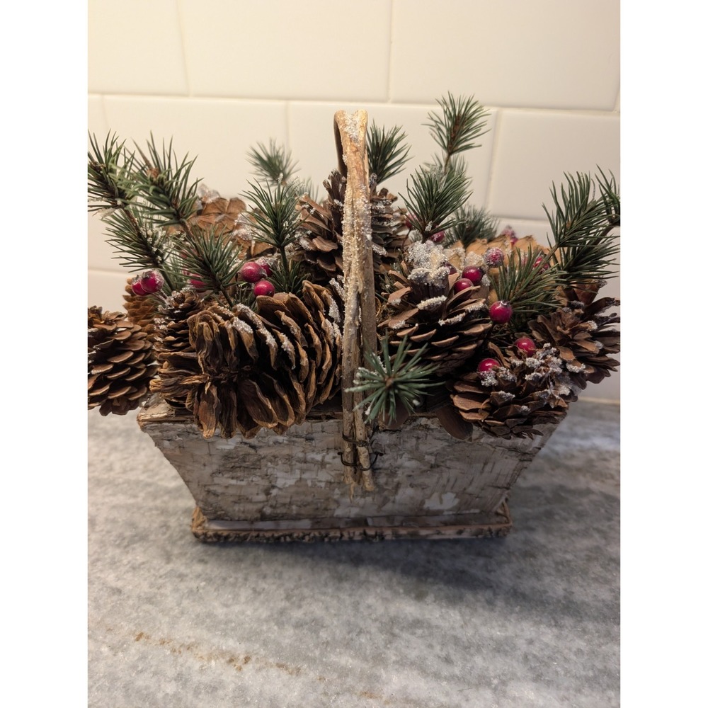 Vintage Table Top Christmas Holiday Decoration In Wooden Birch Tree Basket